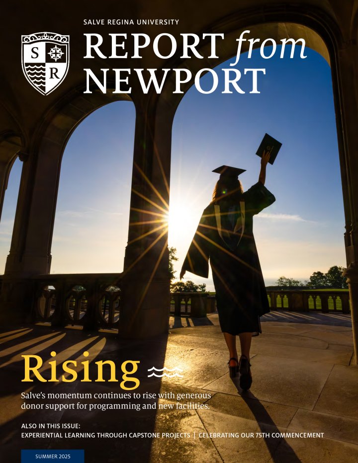 Magazine cover showing a woman in a graduation cap and gown with text: Salve Regina University and Report From Newport.