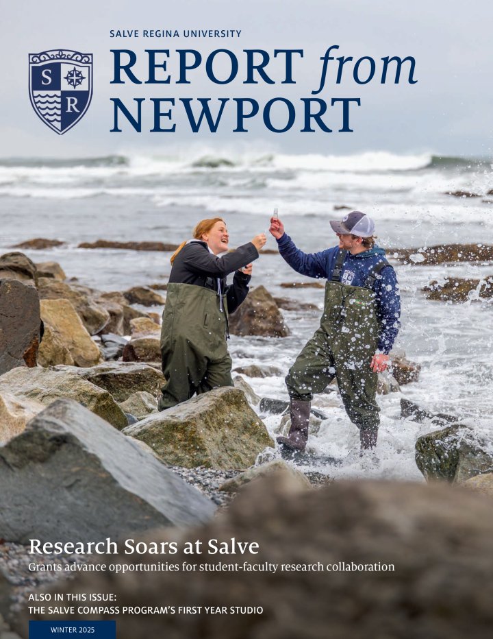Magazine cover showing a man and woman along a rocky shoreline with text: Salve Regina University and Report From Newport.