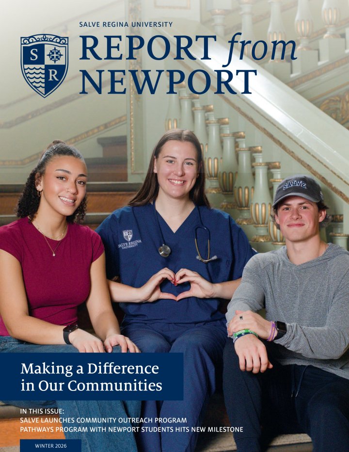 Magazine cover showing a man and two women sitting on a staircase with text: Salve Regina University and Report From Newport.