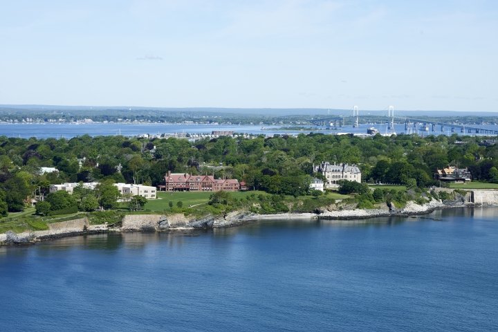 Campus of Salve Regina University as seen from above, over the ocean