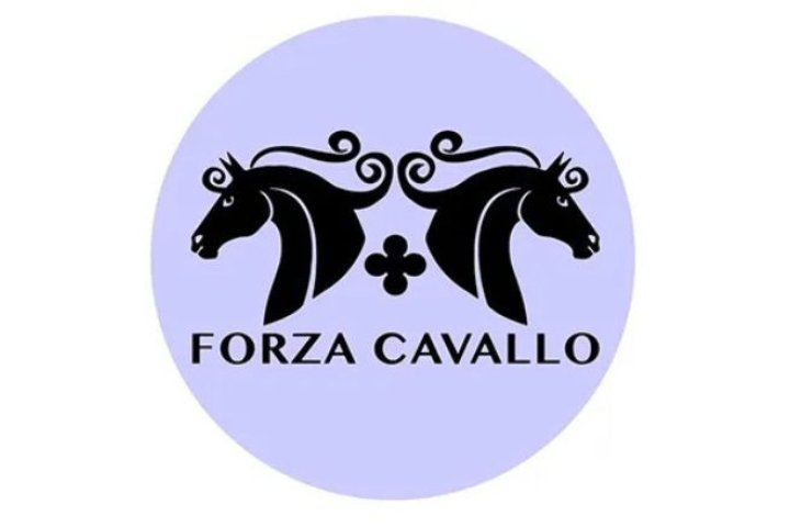 lavender circle with two horses facing opposite directions, Forza cavallo written underneath