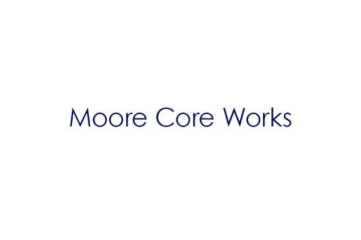 Moore Core Works writing in navy blue font