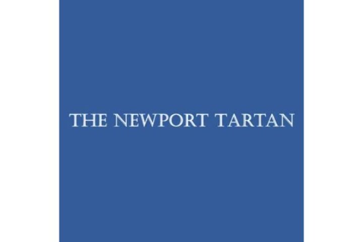 Blue square with white "The Newport Tartan" written in capital letters through the middle