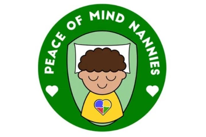 green circle with peace of mind nannies written on the top curve with a child sleeping in the middle of the circle