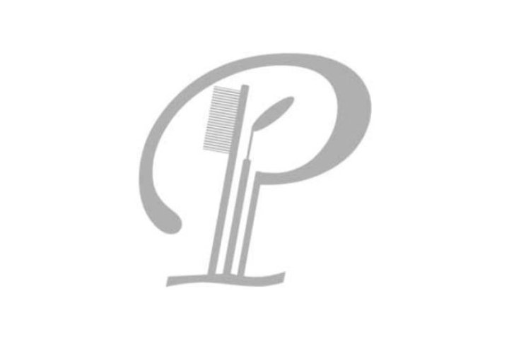 Grey script P with the stem of the P is a toothbrush and a dental mirror