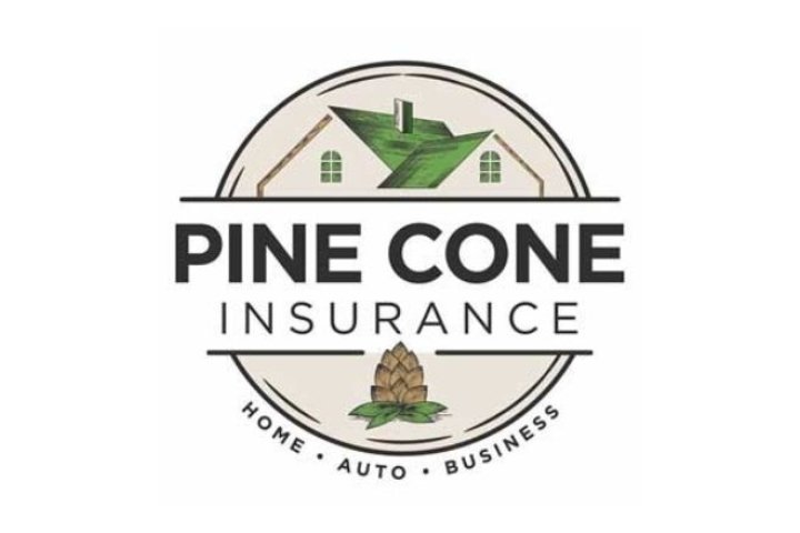A rooftop and pinecone, split by the company name