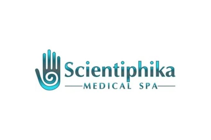 Teal hand with swirl on palm, Scientiphika Medical Spa written to right