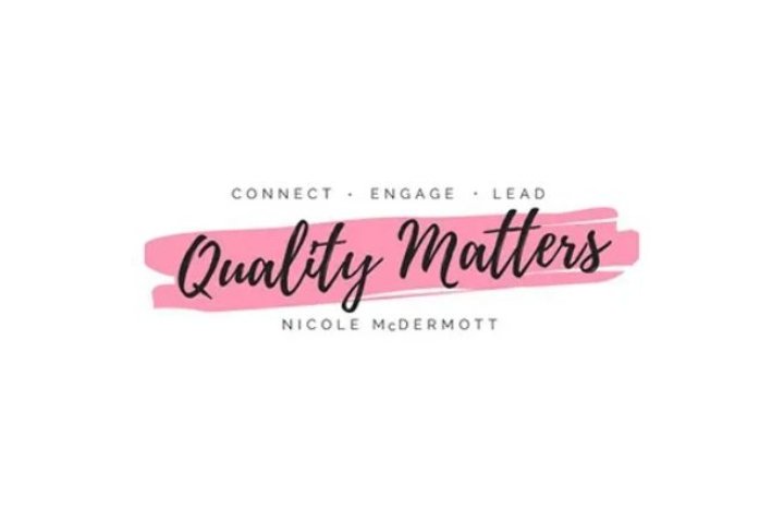 Script "Quality Matters" across pink highlight