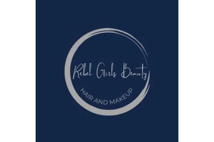 Navy blue square with silver crescent shaped swipe with Rebel Girls Beauty written in the center
