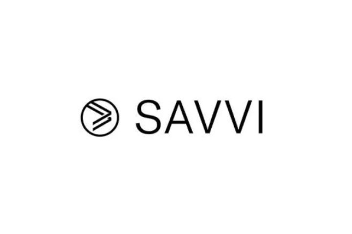 Savvi written in black caps with a circle with two overlapping lines to the left