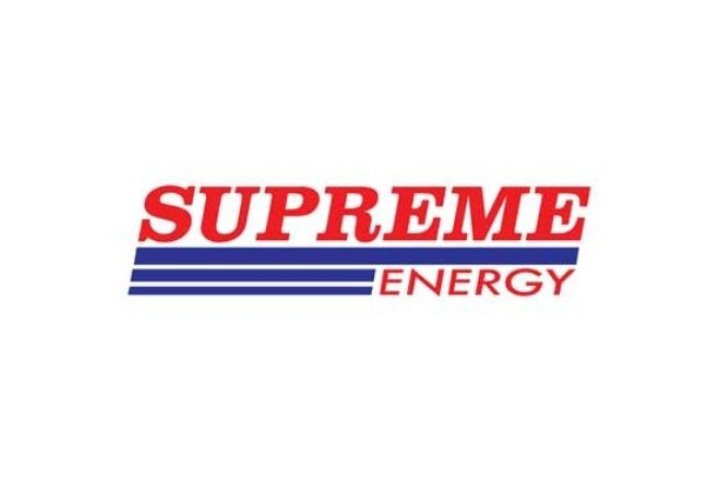 Red font, Supreme Energy with 3 navy blue lines below