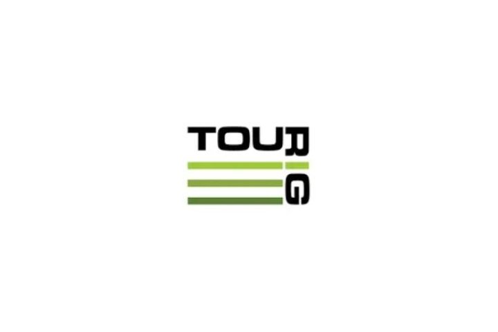 Tourig written around a square design with 3 green lines