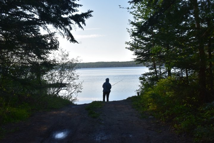 single student fishing off the shore of a lake surrounded by trees