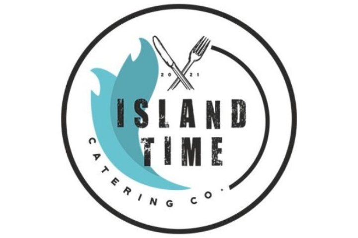Blue waves connecting to a fork and knife with Island Time Catering Co. written within the circle