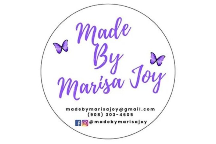 Made by Marisa Joy written in purple script, with two purple butterflies
