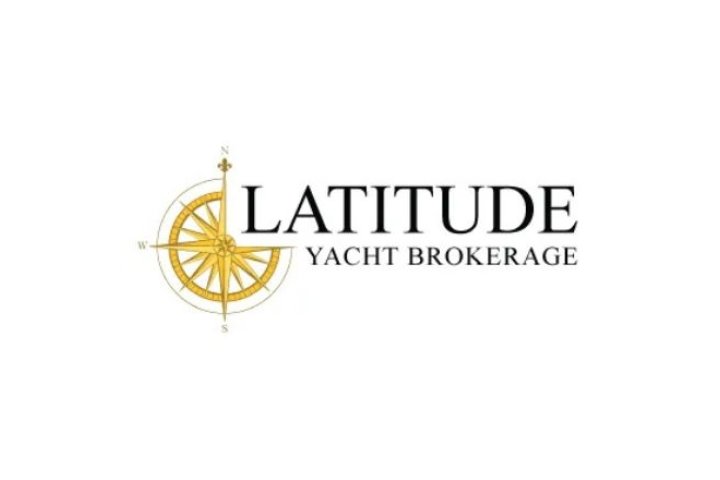Golden compass with latitude yacht brokerage written to the right of compass 