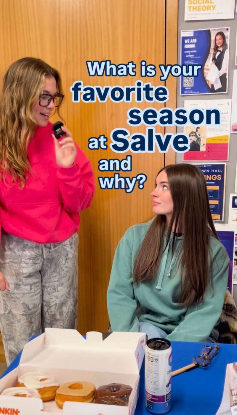 A woman who is standing interviews a woman who is seated; text on the image reads: What is your favorite season at Salve and why?