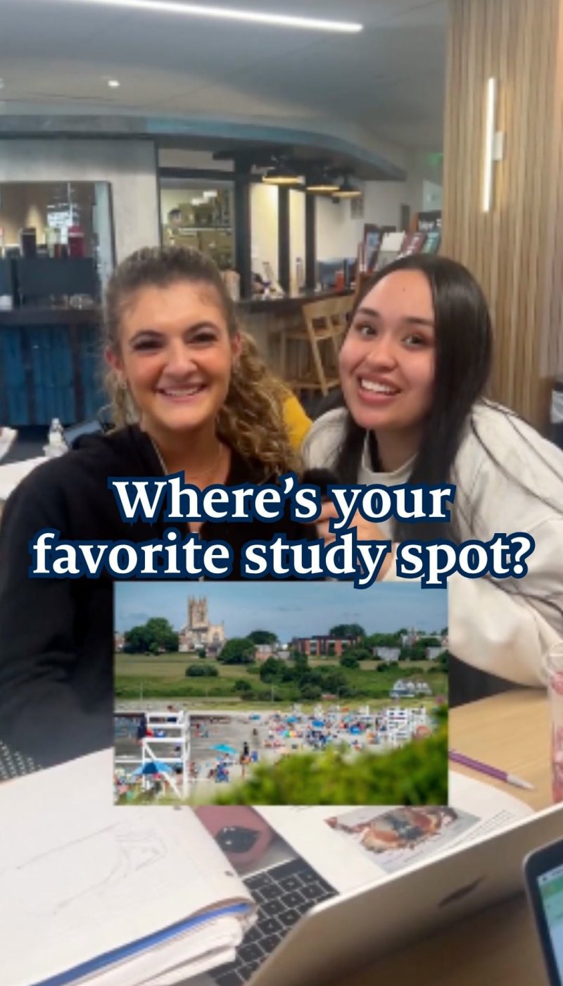 Two smiling women sit together at a table. Text over the image reads: Where's your favorite study spot?