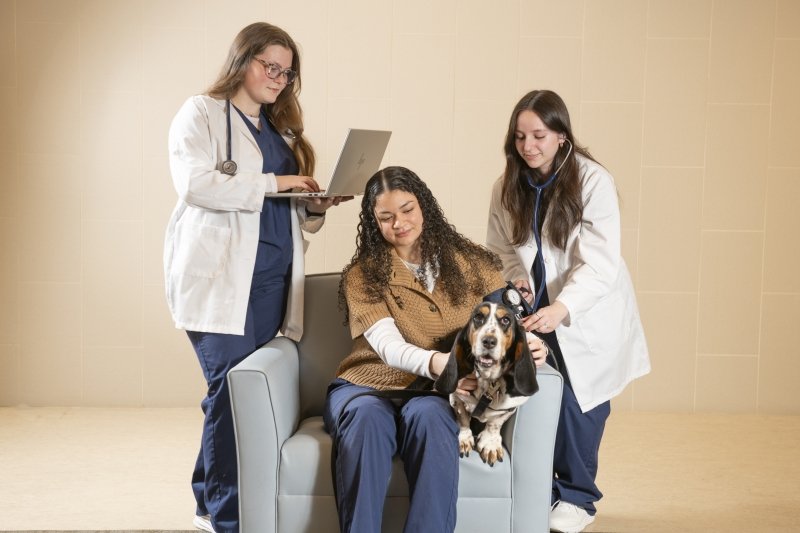 Nursing students sitting and standing, running 'tests' on dog for photoshoot image.