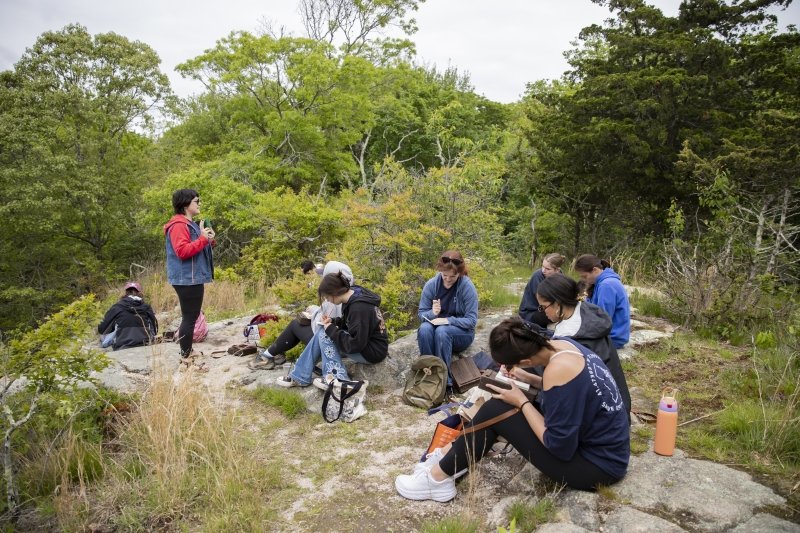 Group of students sitting in a green wooded area, drawing in their sketchbooks.