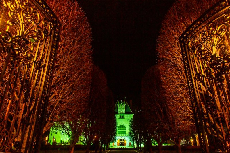 Ochre Court lit up green.