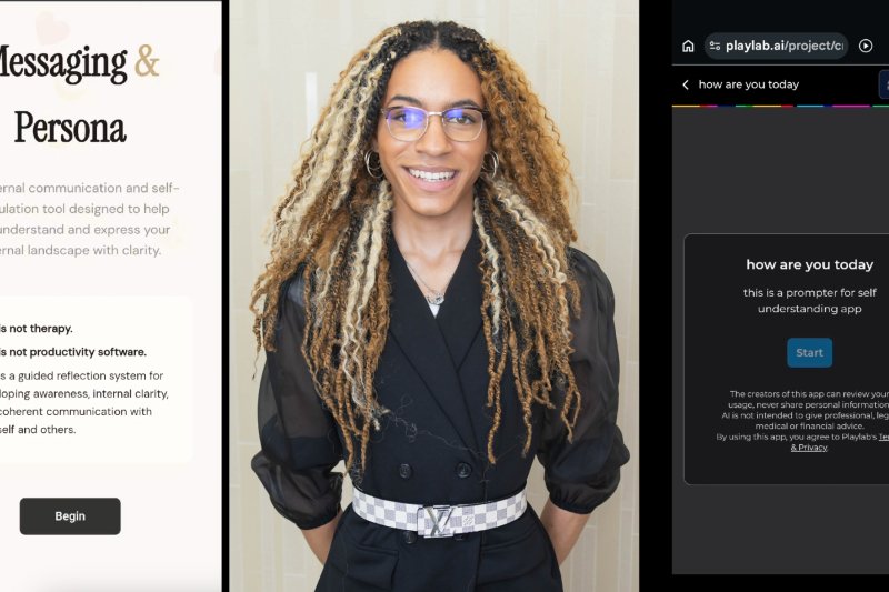 smiling student between two screen shots of an app