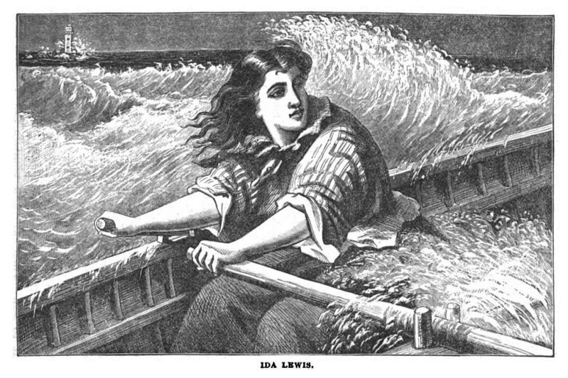 Historic black-and-white illustration of Ida Lewis rowing a lifeboat through rough seas, with large crashing waves behind her and a lighthouse visible in the distance.