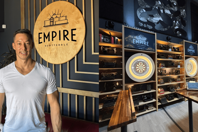 Ed Wu in white t-shirt in front of circular Empire logo.