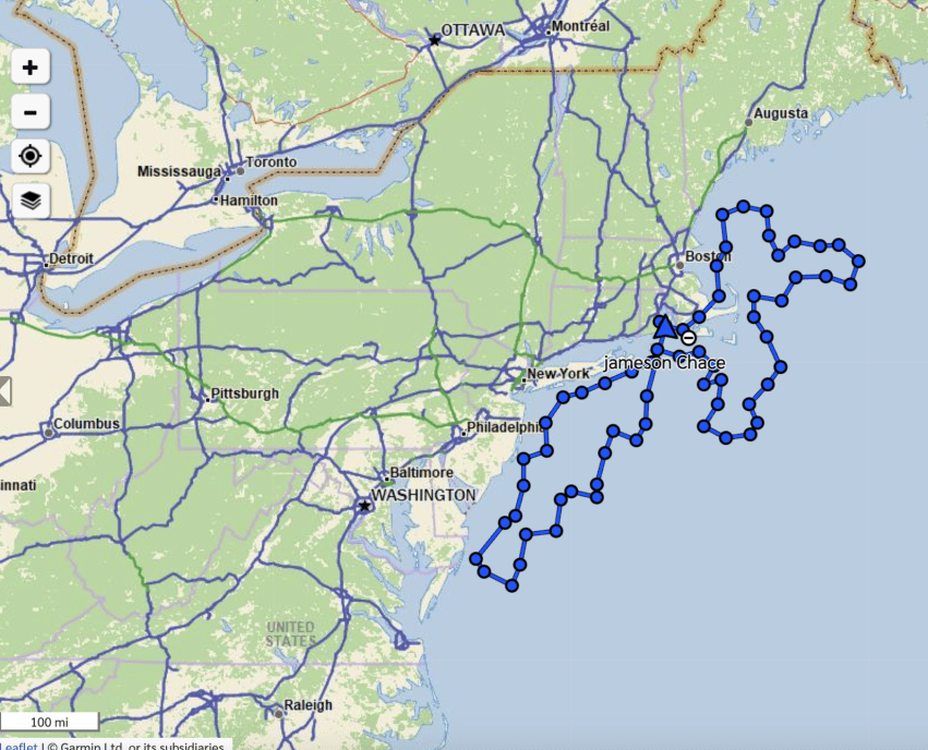 Map of New England, with a route noted of the ocean research voyage off the east coast.