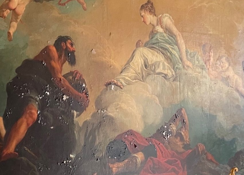 Closeup of the painting on Ochre Court's ceiling.