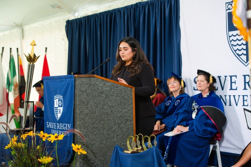 Simar Jagpal giving her remarks to the Class of 2029 at this year's Convocation.
