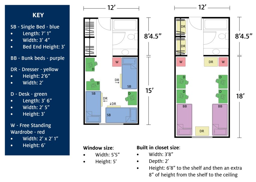 A floor plan for a residence hall room