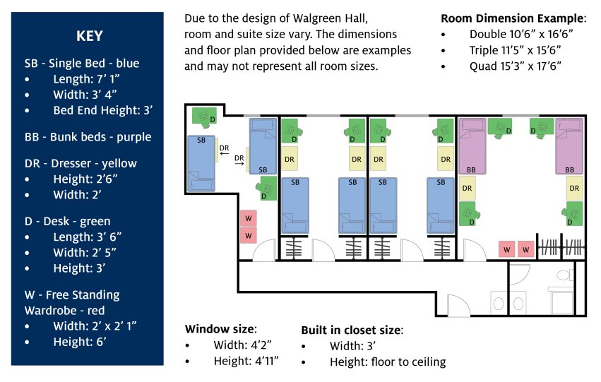 A floor plan for a residence hall room