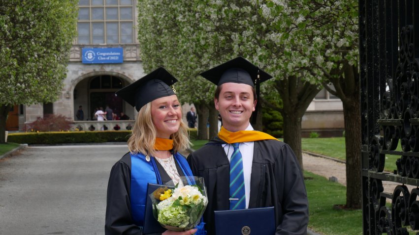Baldwin and Steven DeVoe outside Ochre Court following Commencement of Salve’s Class of 2022. They’ll return for their wedding in the fall of 2026. 