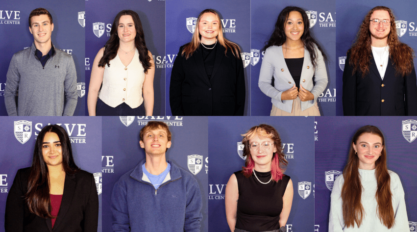 a graphic of nine students professional headshots, all in front of a navy blue Pell Center backdrop.