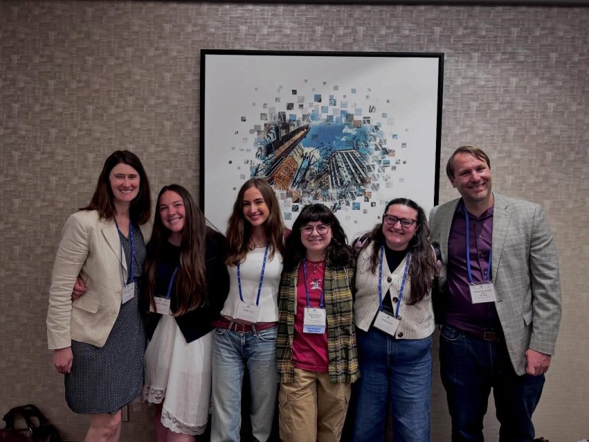 Dr. Heather Rockwell (L), Dr. Nathaniel Kitchel (R), Sydney Dufresne ‘26, Karlee Feinen ‘24, and Claudia Celia ‘24 presenting at the Society for American Archaeology in San Francisco, May 2026