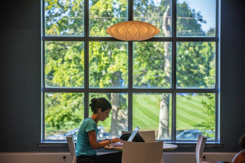 girl studying on laptop in front of large window.