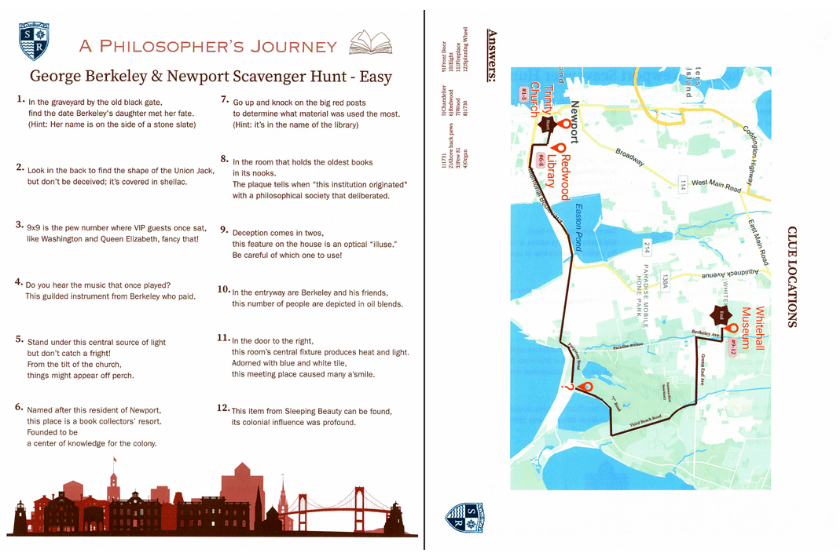 This draft of the Whitehall scavenger hunt connects sites including Trinity Church and Whitehall Museum House. The finished experience will encourage visitors to explore the landmarks tied to philosopher George Berkeley's influence on Newport.