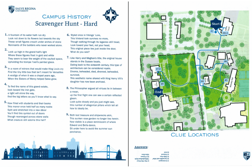 A draft of the Salve campus scavenger hunt developed by students in "Walking Through History." Once completed, the interactive experience will help students, alumni and visitors uncover the history hidden throughout Salve's oceanside campus.
