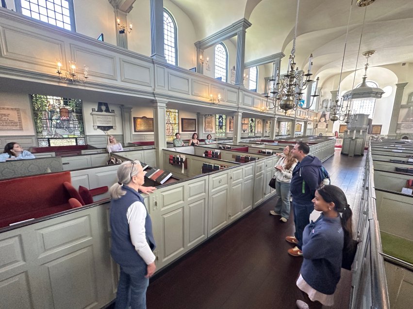 Students learn about and explore the history and architecture of Trinity Church, one of Newport's most iconic colonial-era landmarks.
