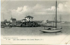Black-and-white postcard showing Lime Rock Lighthouse on a small rocky island in Newport Harbor.