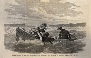 Black-and-white illustration of two people in a small rowboat rescuing another person from rough water.