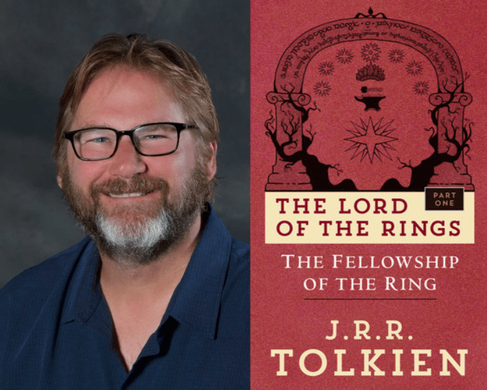 Headshot of Matthew Ramsay beside the cover of J.R.R. Tolkien’s “The Fellowship of the Ring.”