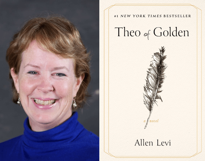 Alt text: Headshot of Mary Edwards beside the cover of Allen Levi’s novel “Theo of Golden.”