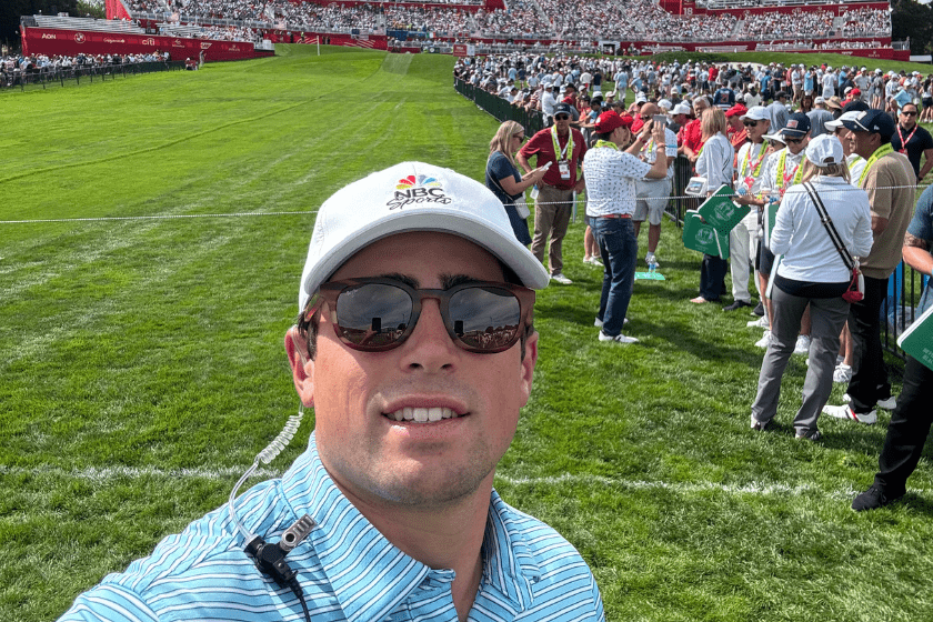 A student takes a selfie while working inside the ropes at a professional golf tournament for NBC Sports.