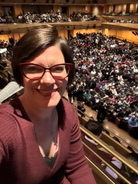 Tara looking down at the packed house for the "Jane Eyre" performance