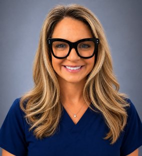 headshot of smiling blonde woman with glasses