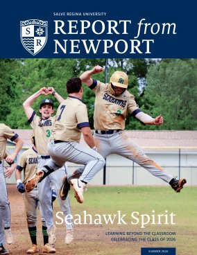 Magazine cover showing baseball players with text: Salve Regina University and Report From Newport.