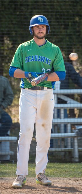 Baseball player standing with helmet on, holding a bat.