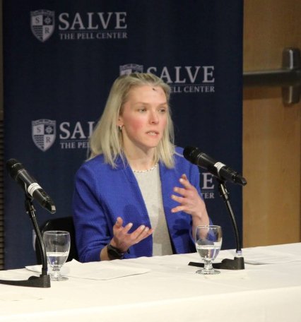 Erin Redihan speaking at a history panel discussion